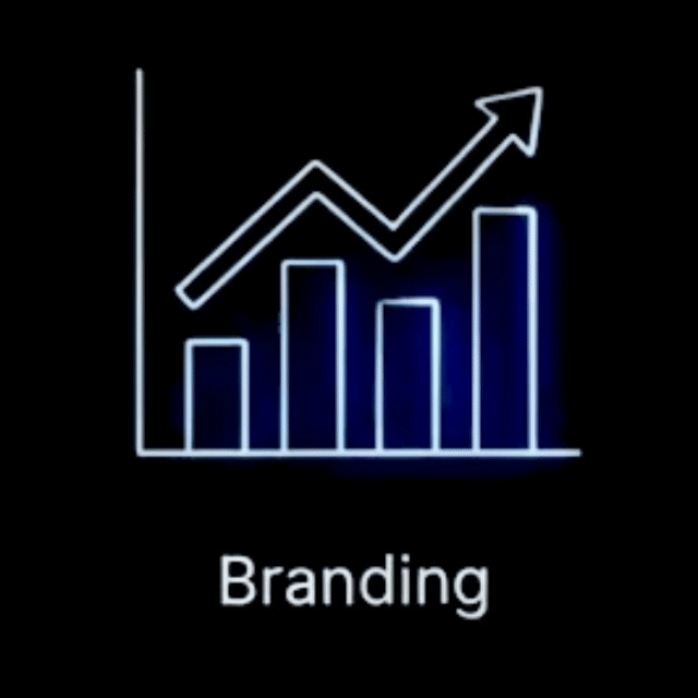 Neon blue and white bar and line chart representing growth, with the word 'Branding' below, on a black background.
