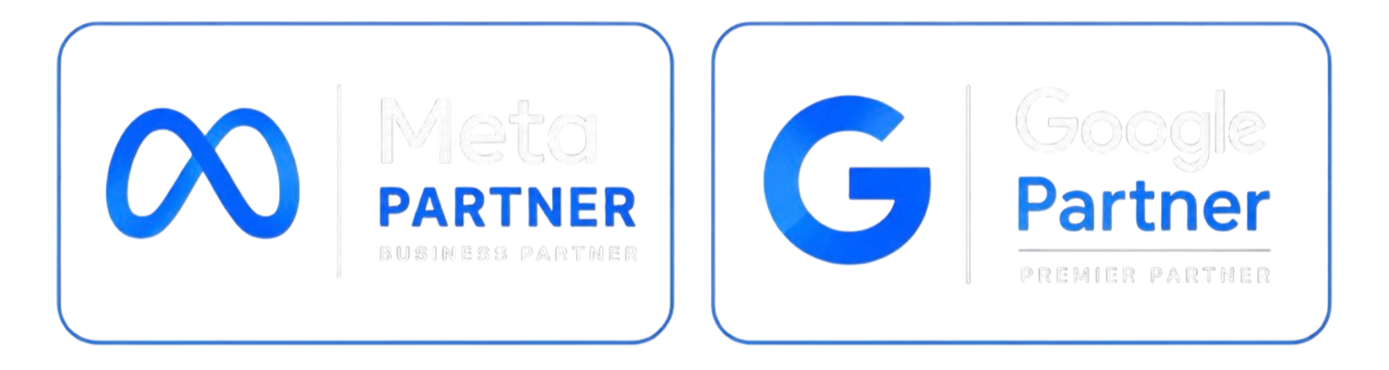 Comparison image of Meta and Google partnership logos. Meta logo on the left with pink and blue background, text reads 'Meta Partner Business Partner'. Google logo on the right with blue and white background, text reads 'Google Partner Premier Partner'.