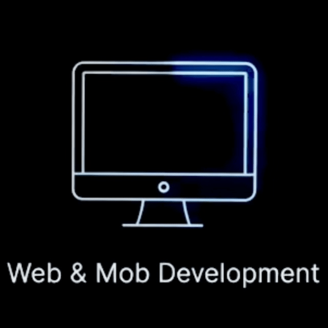 Neon outline of a computer monitor with the text "Web & Mob Development" below it.
