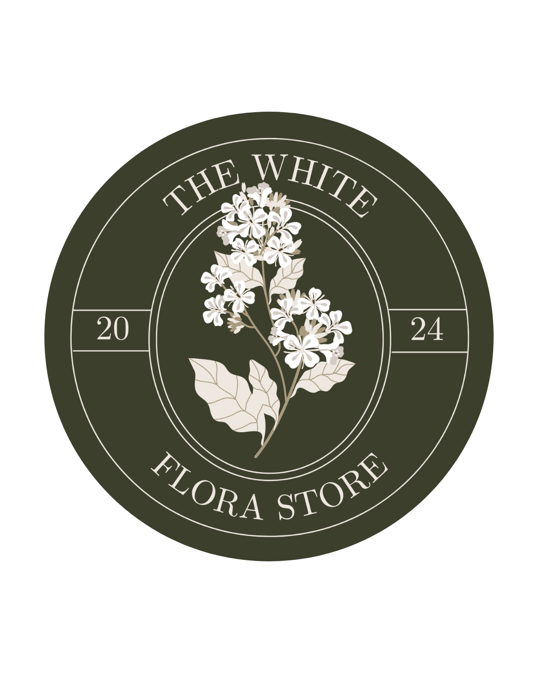 A circular logo for The White Flora Store with white flowering plant illustration in the center, date 2018, dark green background.