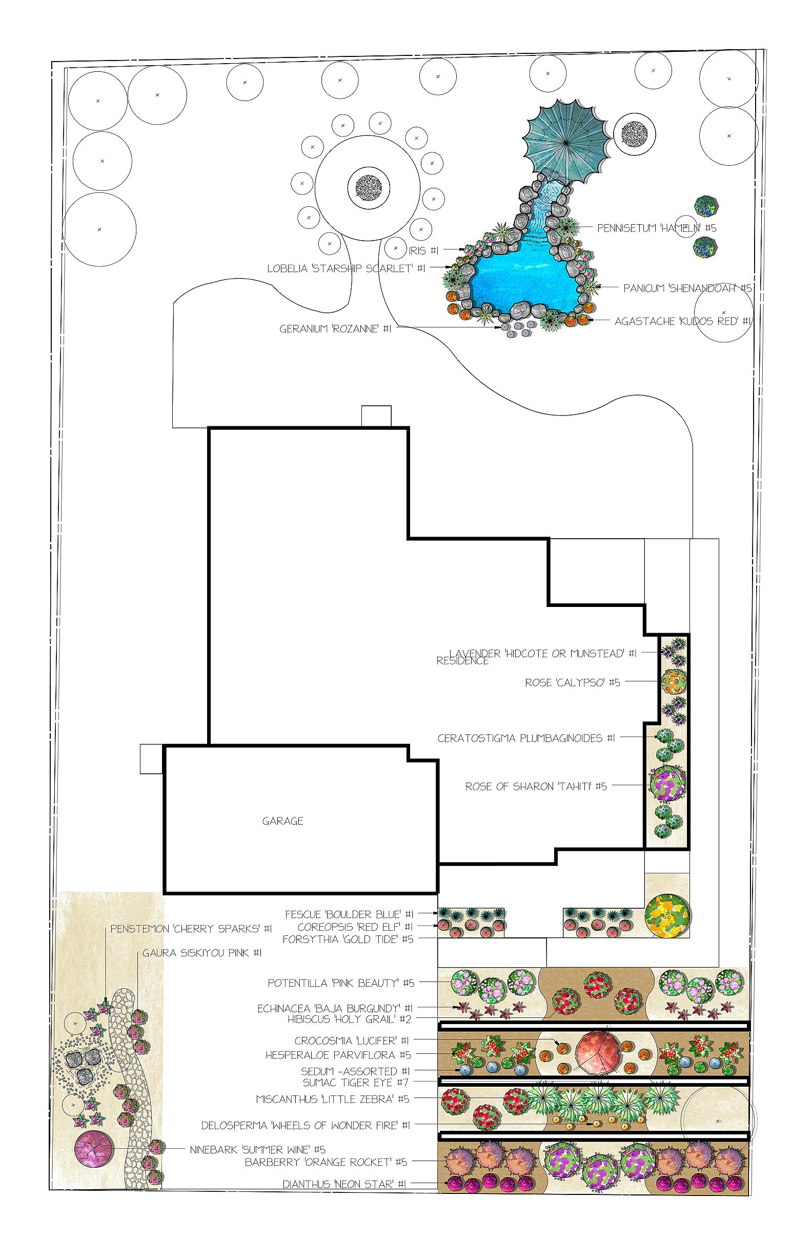 Residential landscape concept plan featuring a water feature, planting beds, outdoor living spaces, and drought-conscious design