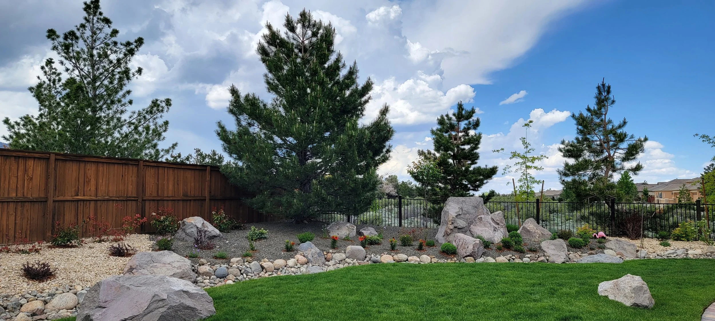 Residential backyard landscape featuring a dry creek bed, decorative boulders, drought-tolerant planting, and a natural lawn.