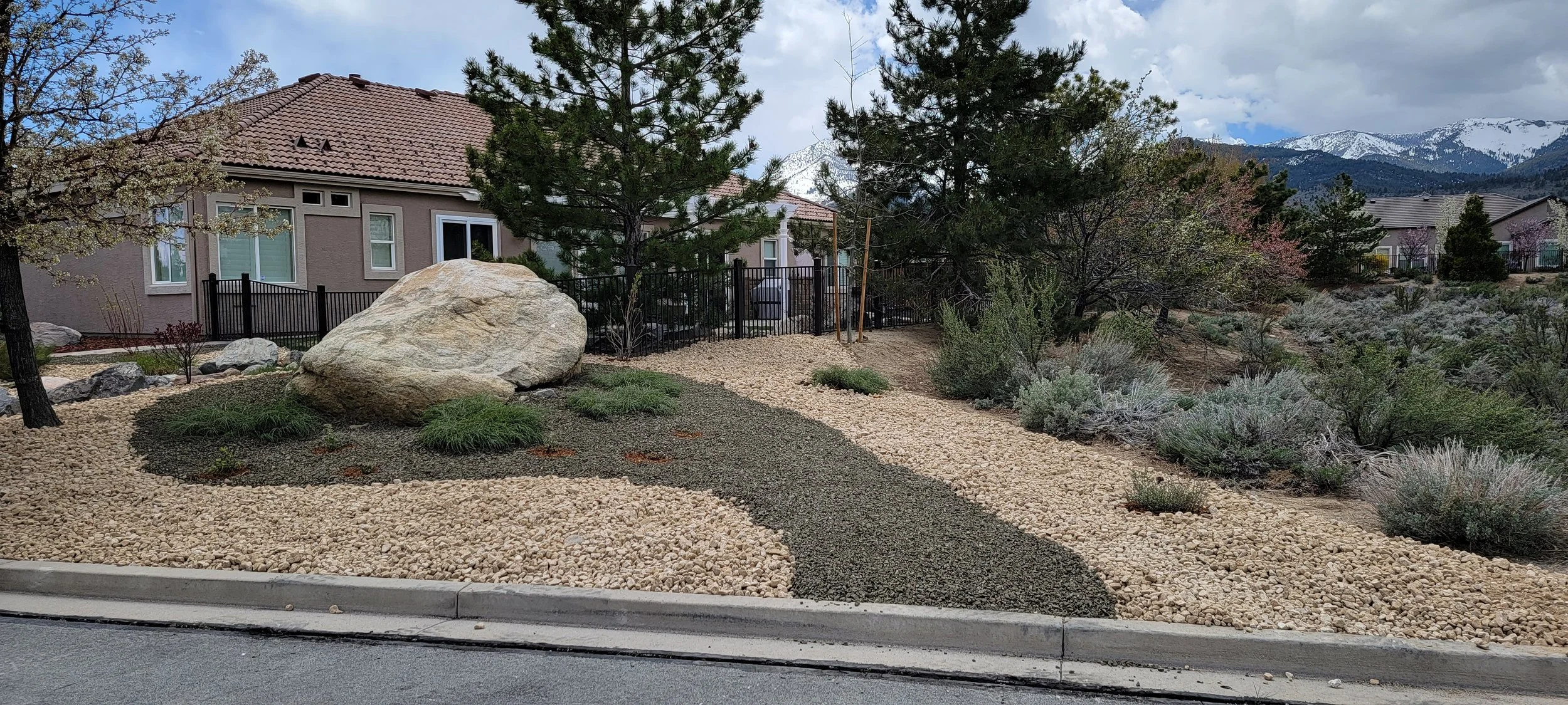 Front yard landscape featuring decorative boulders, rock mulch, drought-tolerant planting, and mountain views.