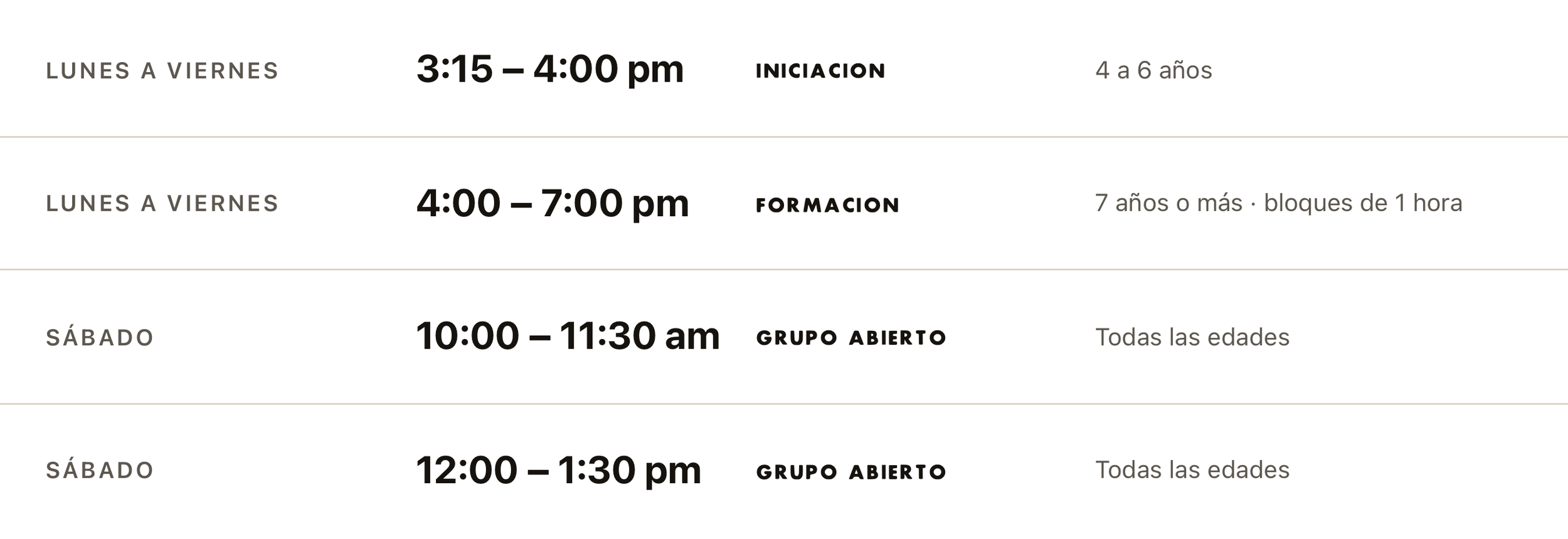 Horario de actividades con días, horas, tipos de grupos y edades indicados en español.