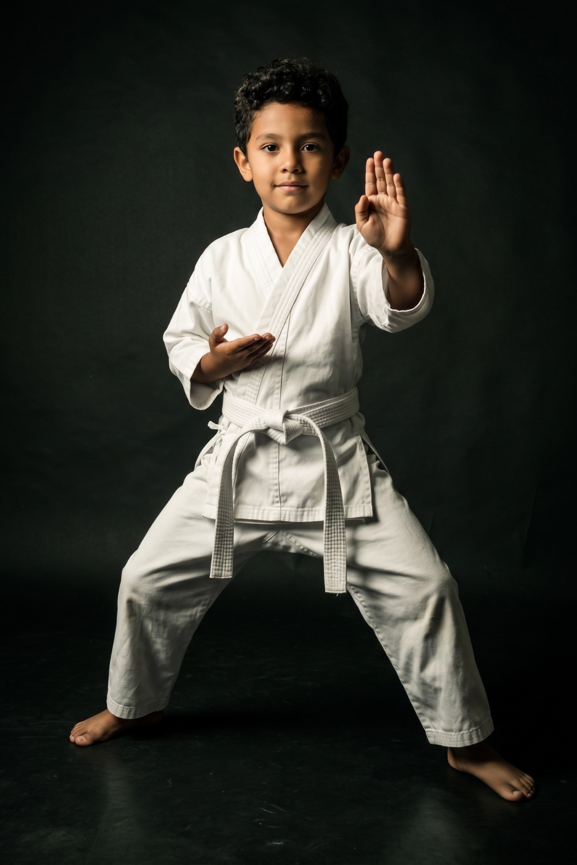 Niño con uniforme de karate en posición de combate, de pie con piernas abiertas, haciendo señal de saludo con la mano derecha y la izquierda en posición de respeto, fondo oscuro.