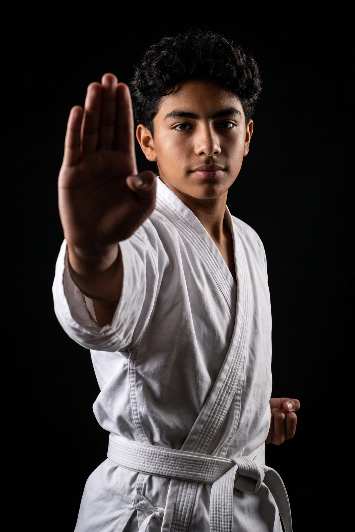 Joven practicante de karate en uniforme blanco haciendo una postura de defensa con la mano extendida frente a él y otra en posición de guardia, en un fondo negro.