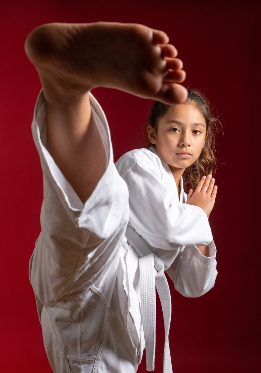Niña practicando karate en uniforme blanco, en una posición de ataque con expresión concentrada, frente a fondo rojo.