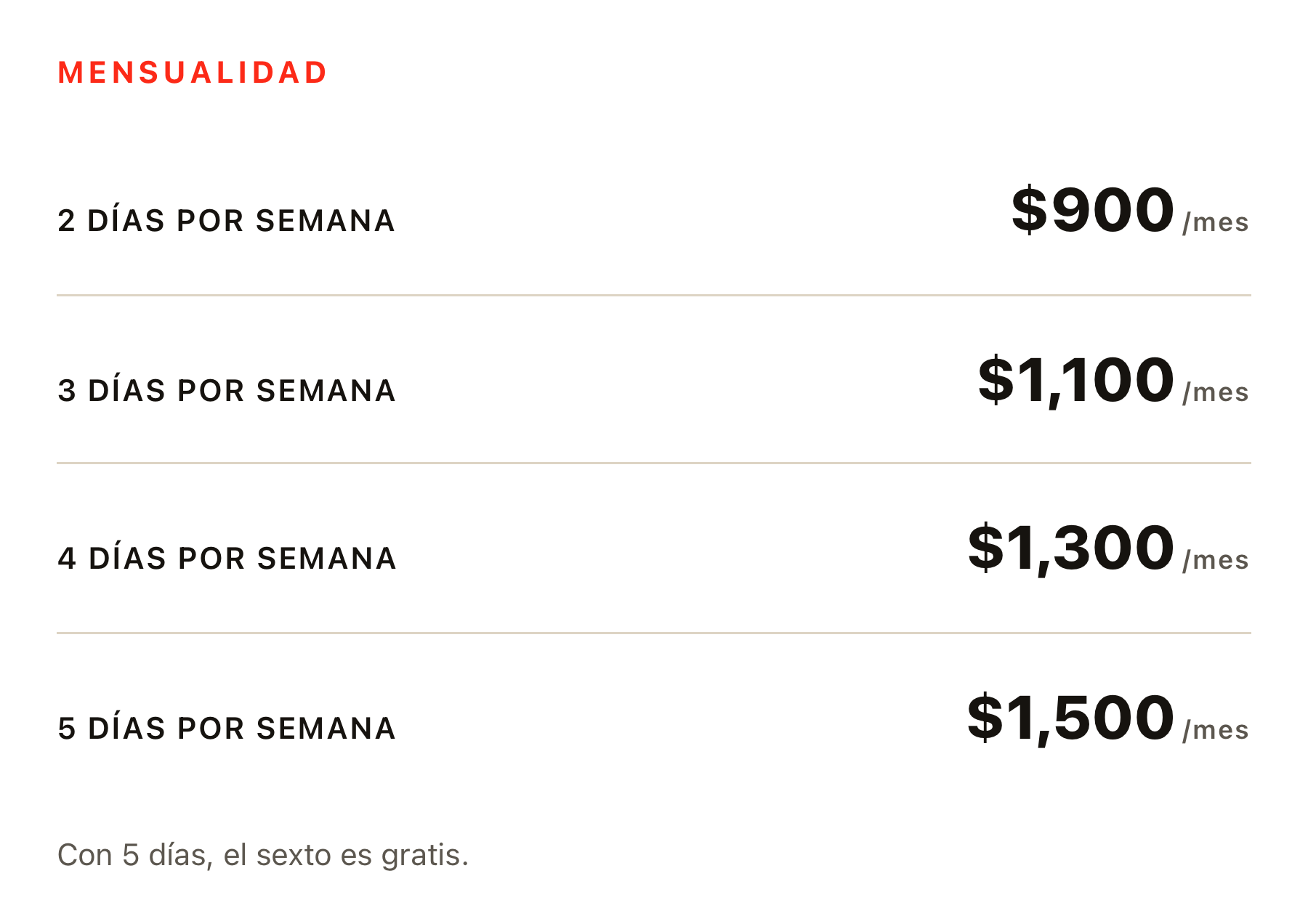 Precio del plan mensual, 2 días por semana por $900 mensuales, 3 días por semana por $1,100 mensuales, 4 días por semana por $1,300 mensuales y 5 días por semana por $1,500 mensuales, con promoción de que el sexto día es gratis si se elige 5 días.