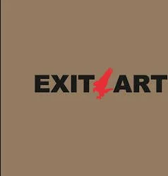 Exit Art logo with black text and a red lightning bolt replacing the letter 'L' on a beige background.