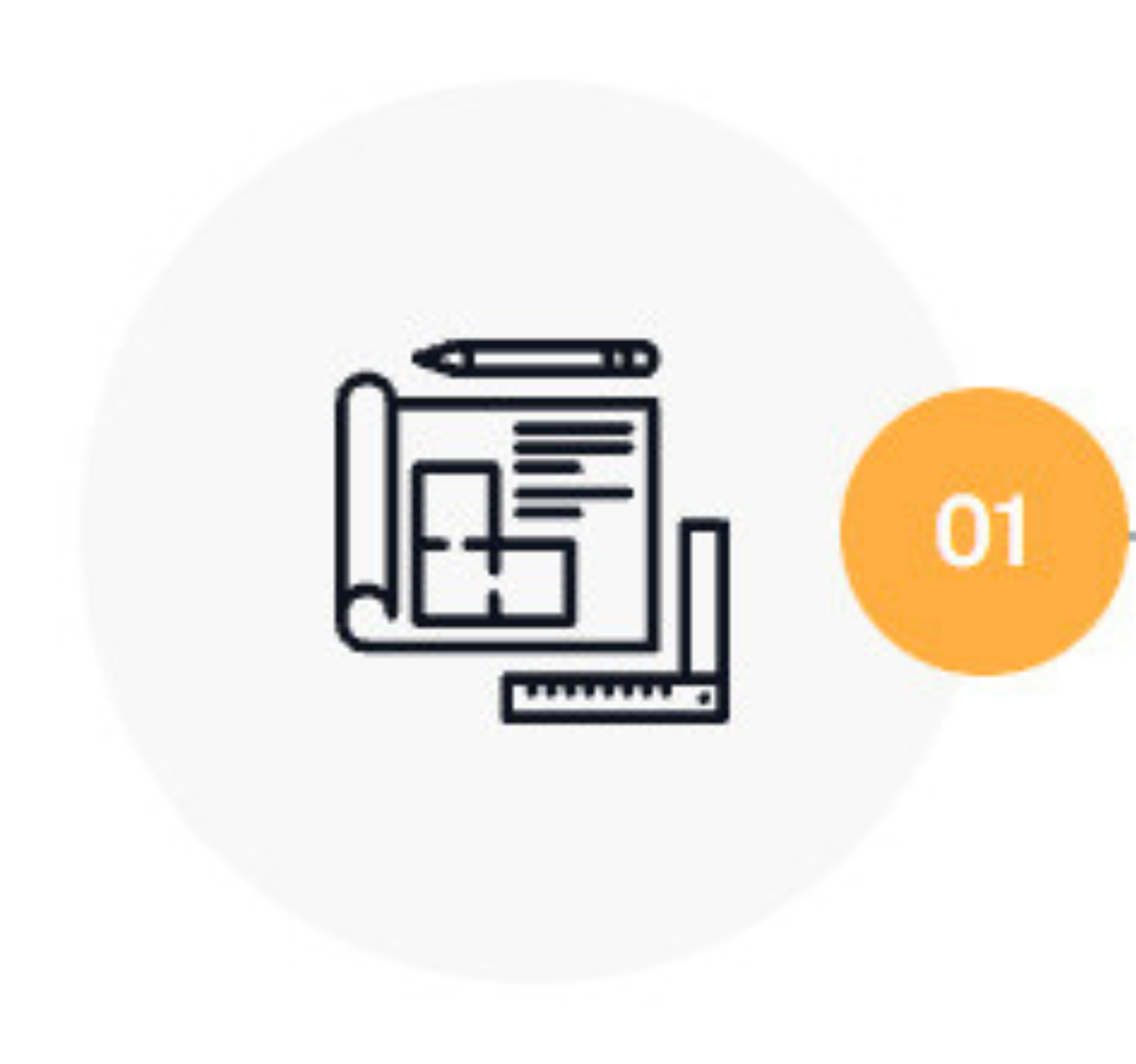 A digital graphic with black outline icons of a newspaper, pencil, and ruler on a white background, with an orange circle containing the number 01 on the right side.