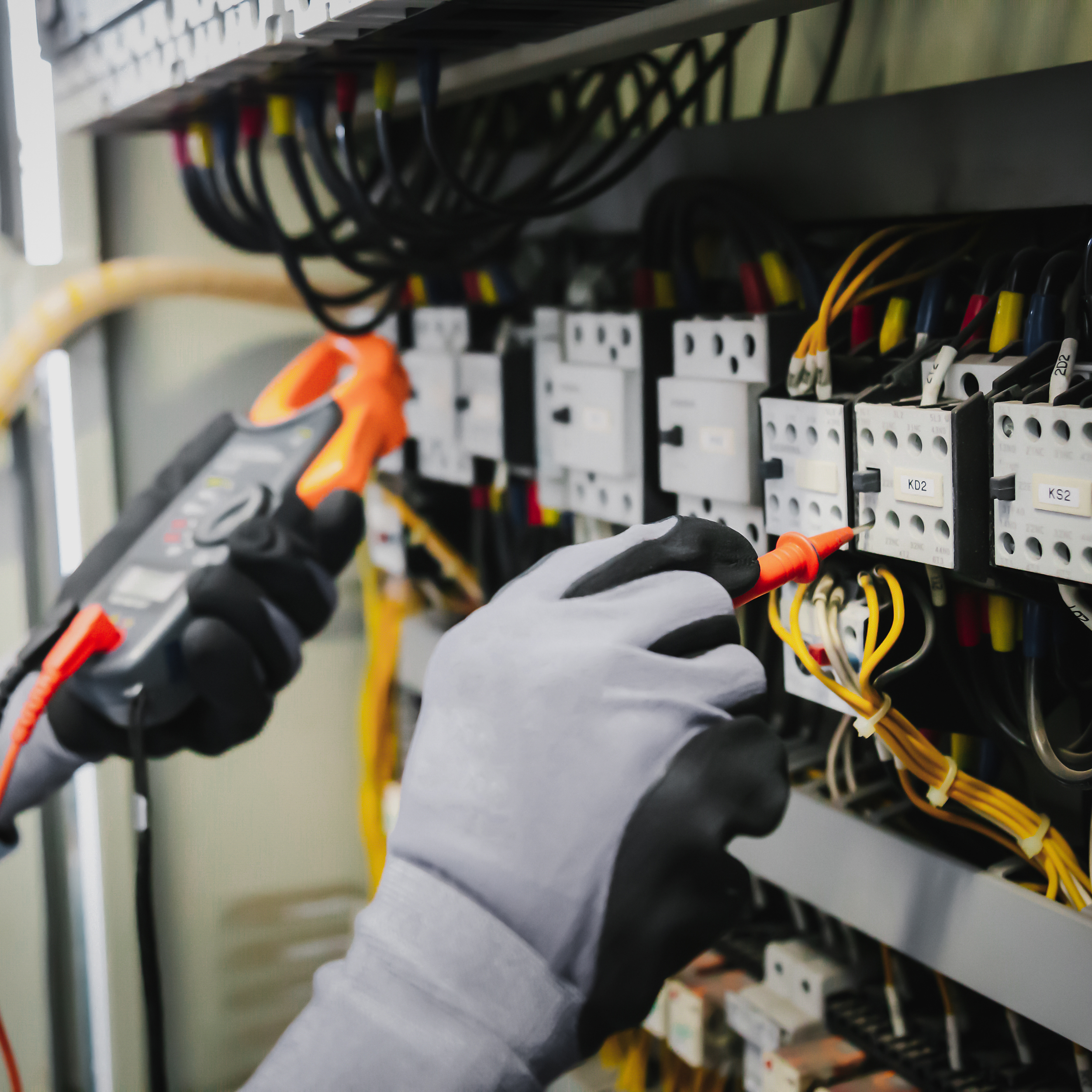 Close-up of electrical wiring and circuit breakers in a control panel or electrical panel