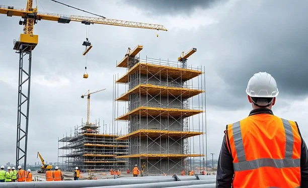 Construction site with a worker wearing an orange safety vest and white hard hat, observing a multi-story building under construction with scaffolding, cranes, and dark cloudy sky.