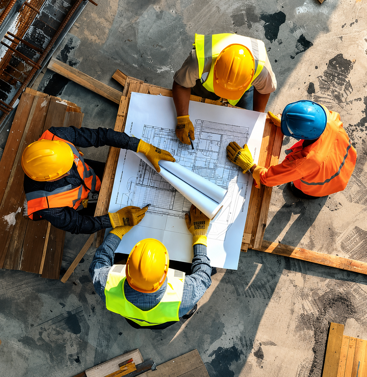 Four construction workers wearing yellow and blue hard hats, orange safety vests, and gloves are gathered around a wooden table reviewing blueprints on a construction site.