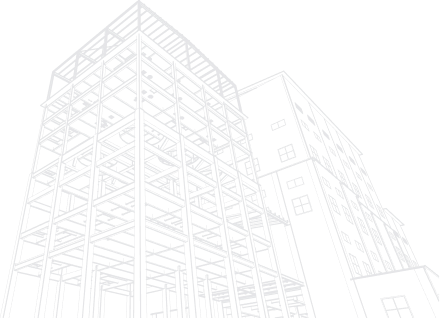 Line drawing of a multi-story building under construction with scaffolding.