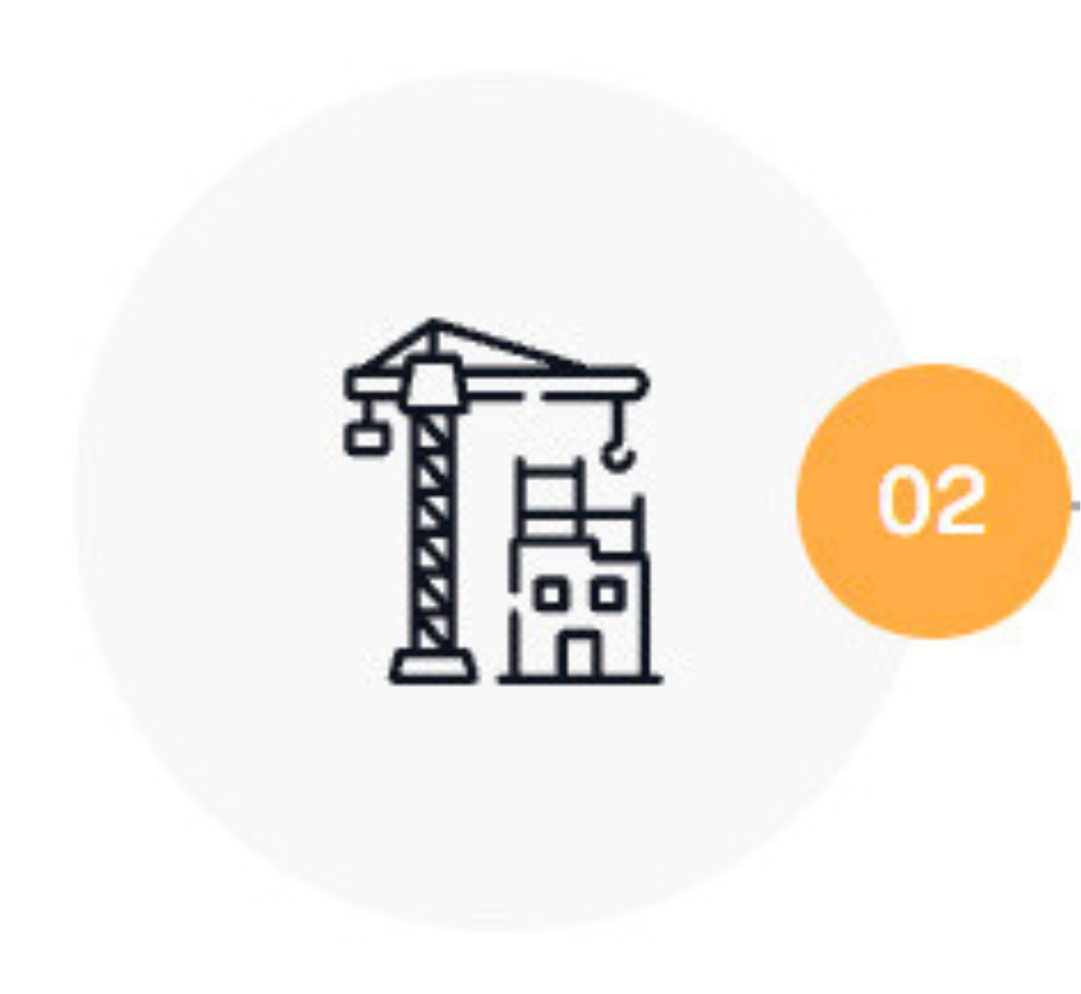 A simple line drawing of a construction crane next to a multi-story building, with an orange circle displaying the number 02 on the right side.