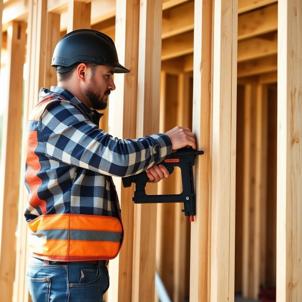 A construction worker wearing a black safety helmet and an orange safety vest is using a pneumatic nail gun to fasten wooden framing on a construction site.