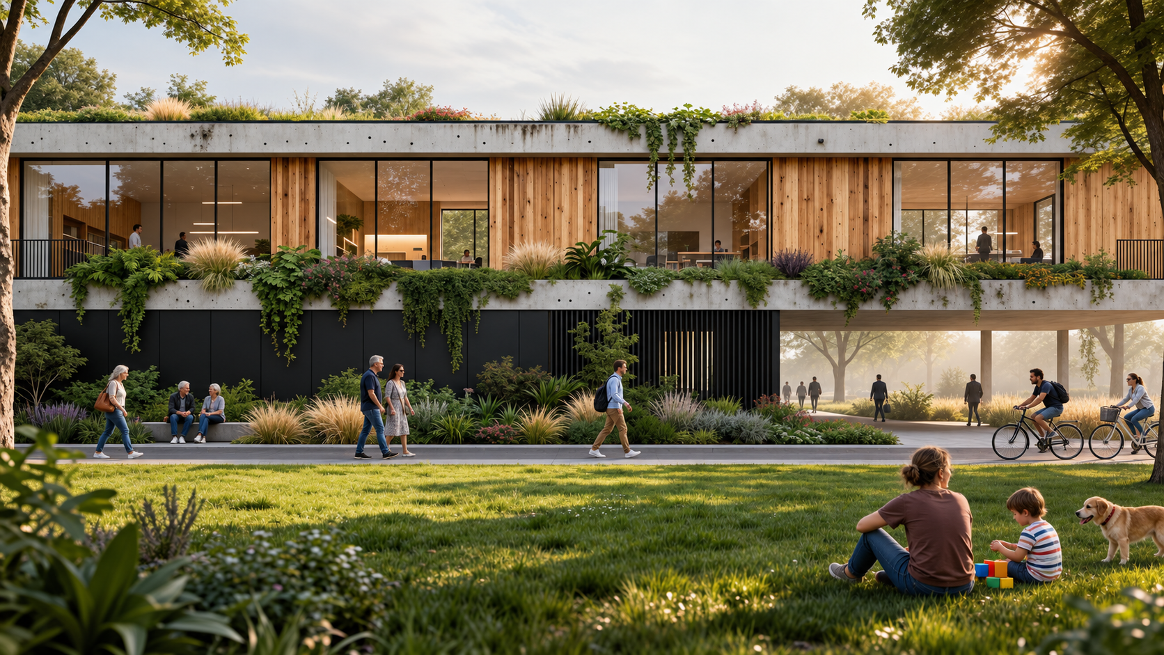 A modern multi-story building with large glass windows, wooden accents, and greenery on the upper level. People are walking, sitting, and biking outside, with children and a dog playing on the grass in the foreground.