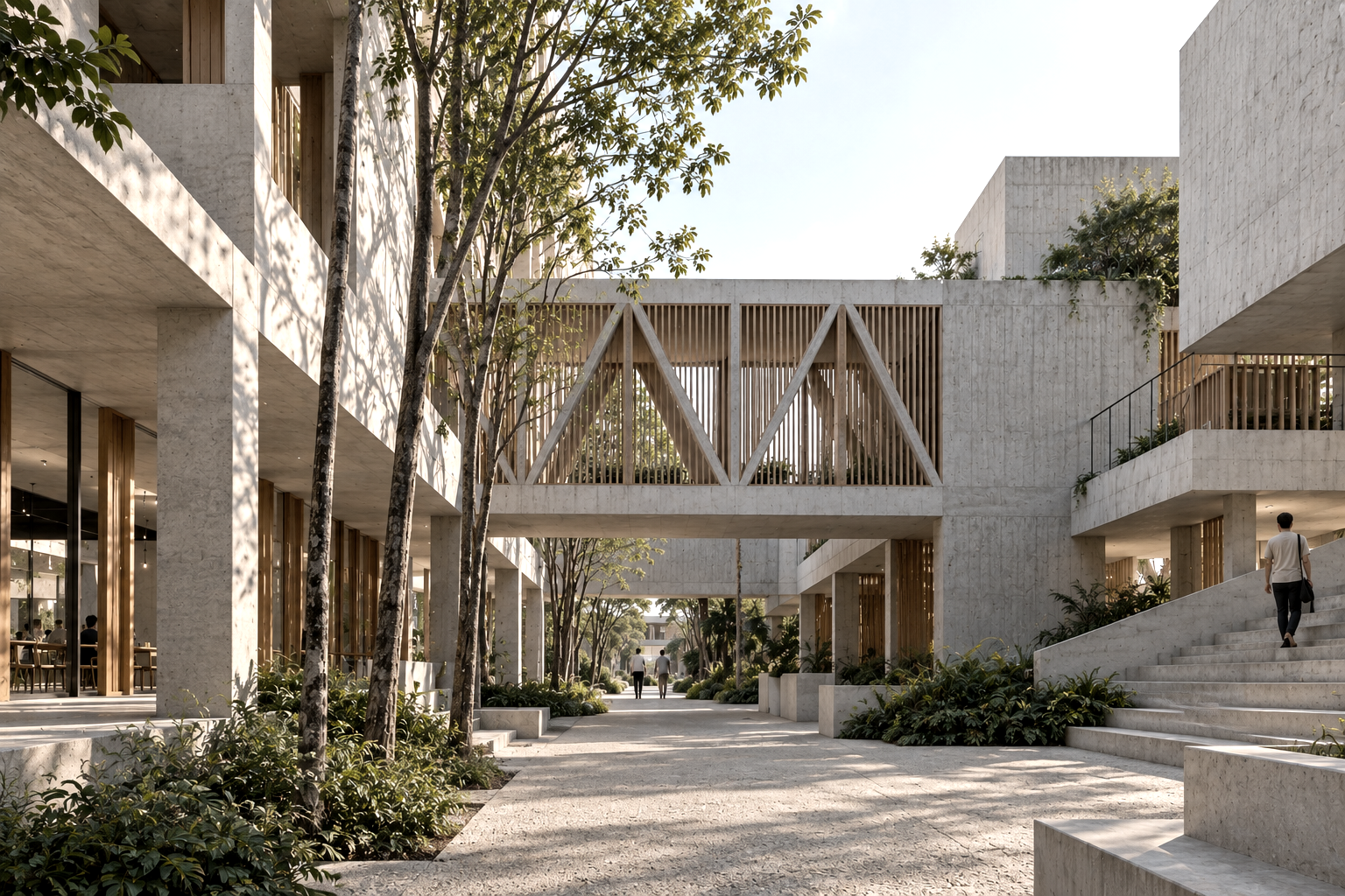 Modern concrete building with wooden accents, outdoor stairs, and trees, with people walking in a landscaped courtyard.