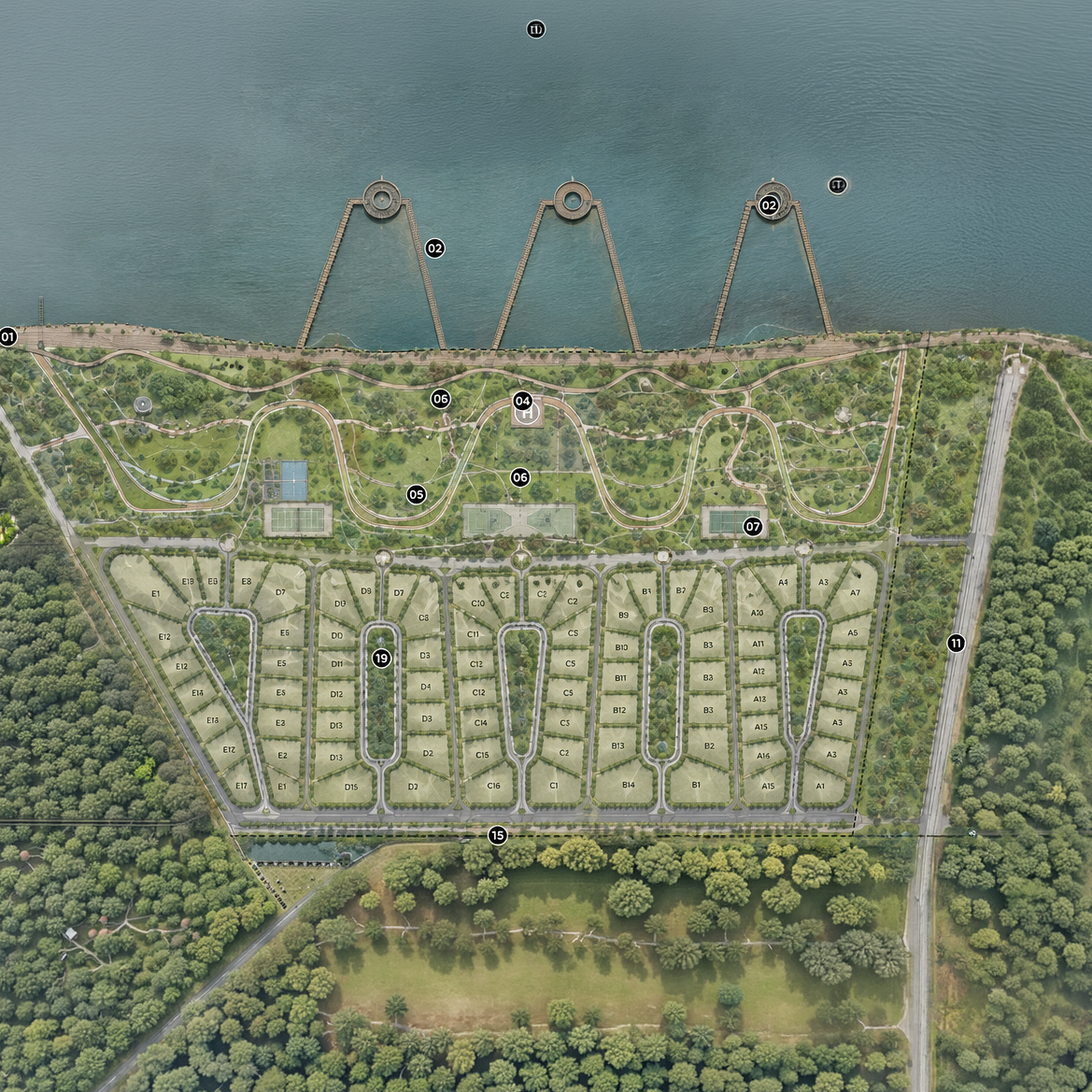 Arquitecto Jorge Villatoro. A detailed map of a park and residential area adjacent to a lake named Lago de Petén Itzá, showing trails, sports courts, and various numbered and lettered sections. Master Plan