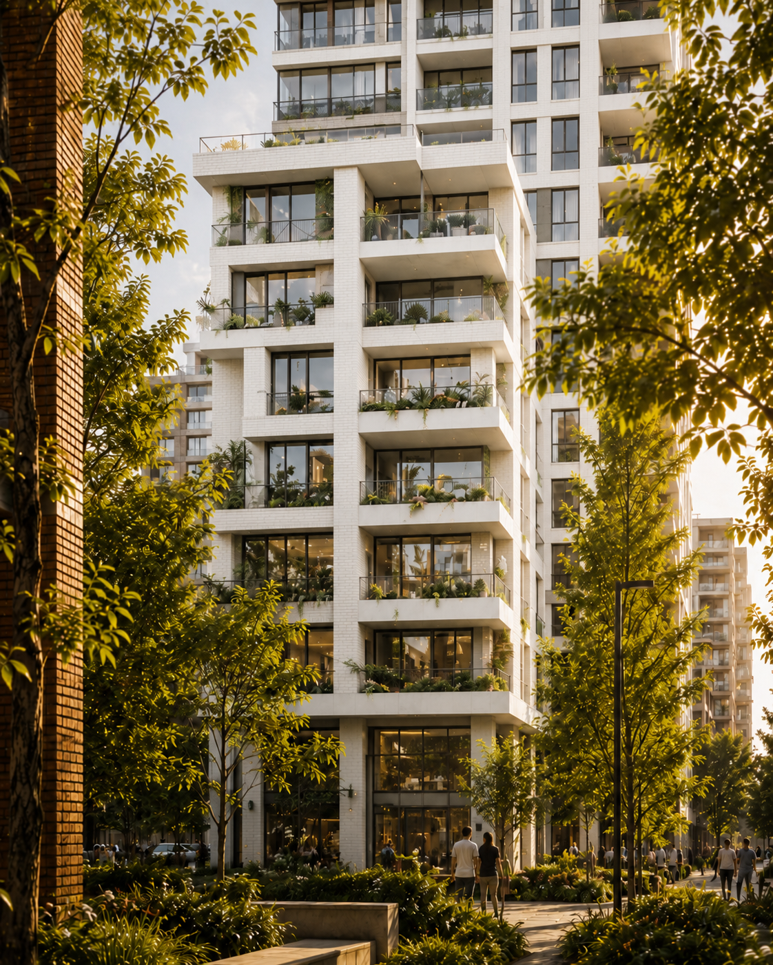 Vivienda, uso mixto, Guatemala, A modern multi-story residential building with balconies and large glass windows, surrounded by lush green trees and people walking in the park in front of it during sunset.