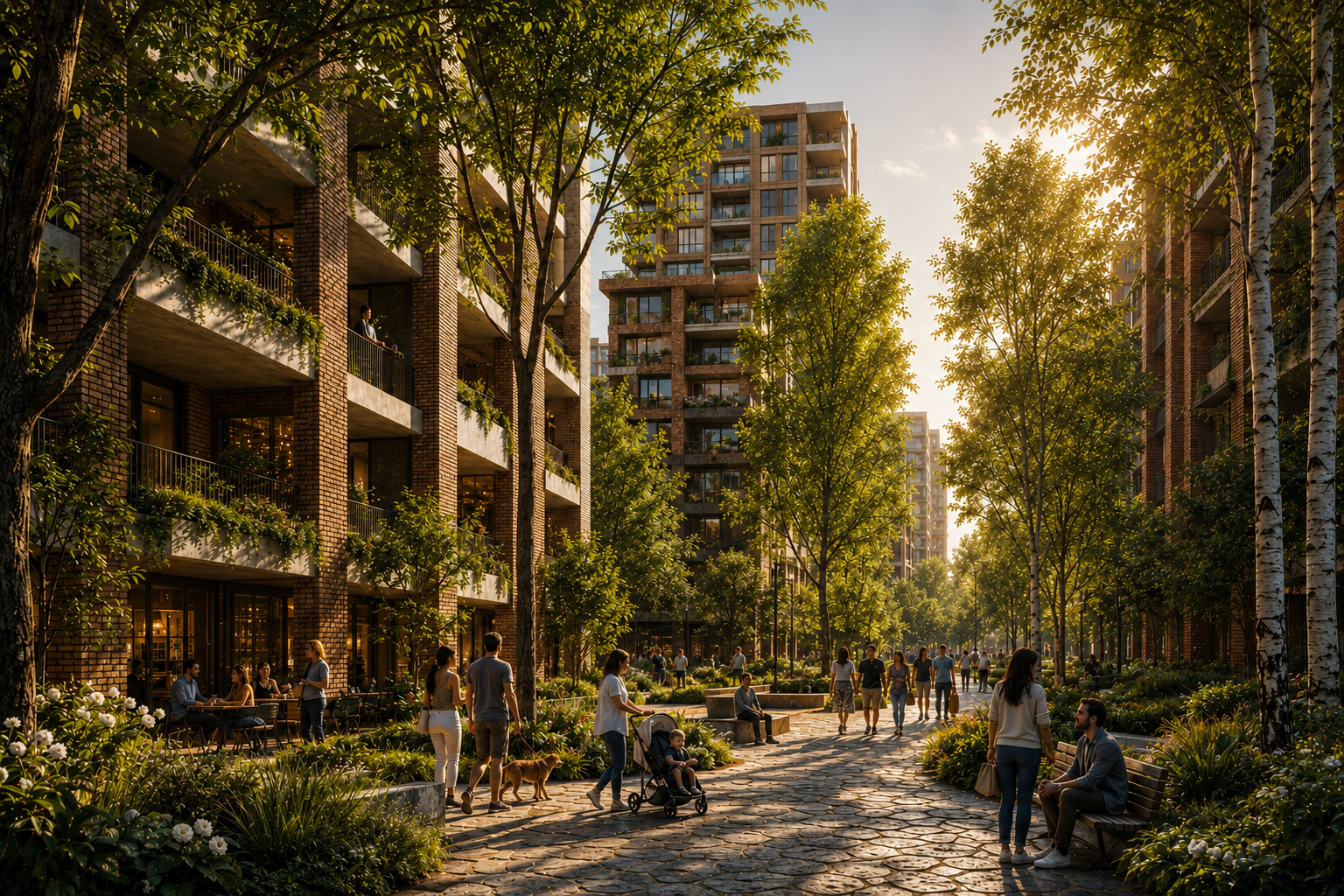Vivienda, Uso Mixto, Arquitectura Guatemala, People walking, sitting, and dining in a lush urban park surrounded by tall residential buildings during sunset.