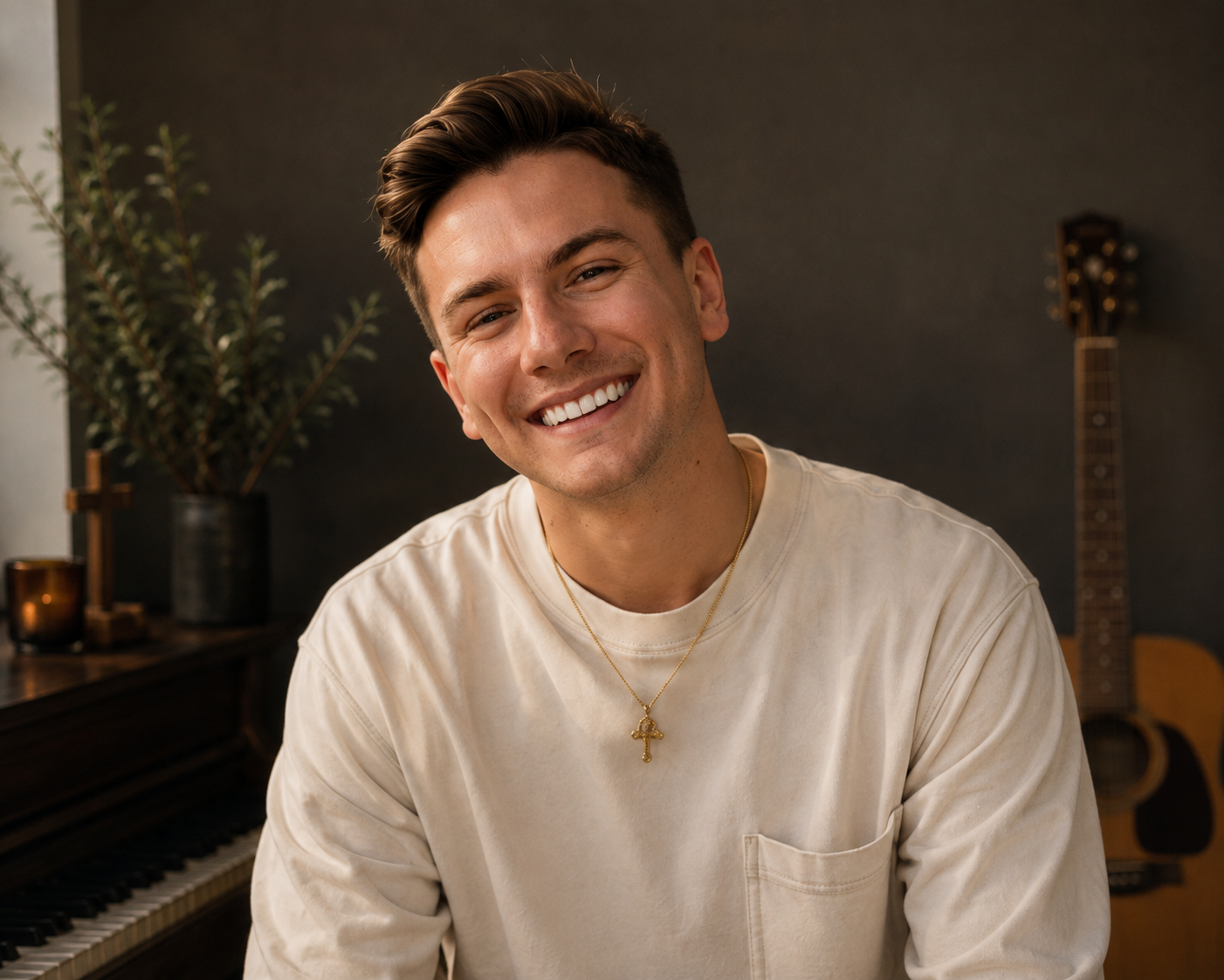A smiling young man with dark hair styled upwards, wearing a beige sweatshirt and a gold cross necklace, sitting in a room with a dark wall, a vintage piano, a guitar in the background, and a potted plant.