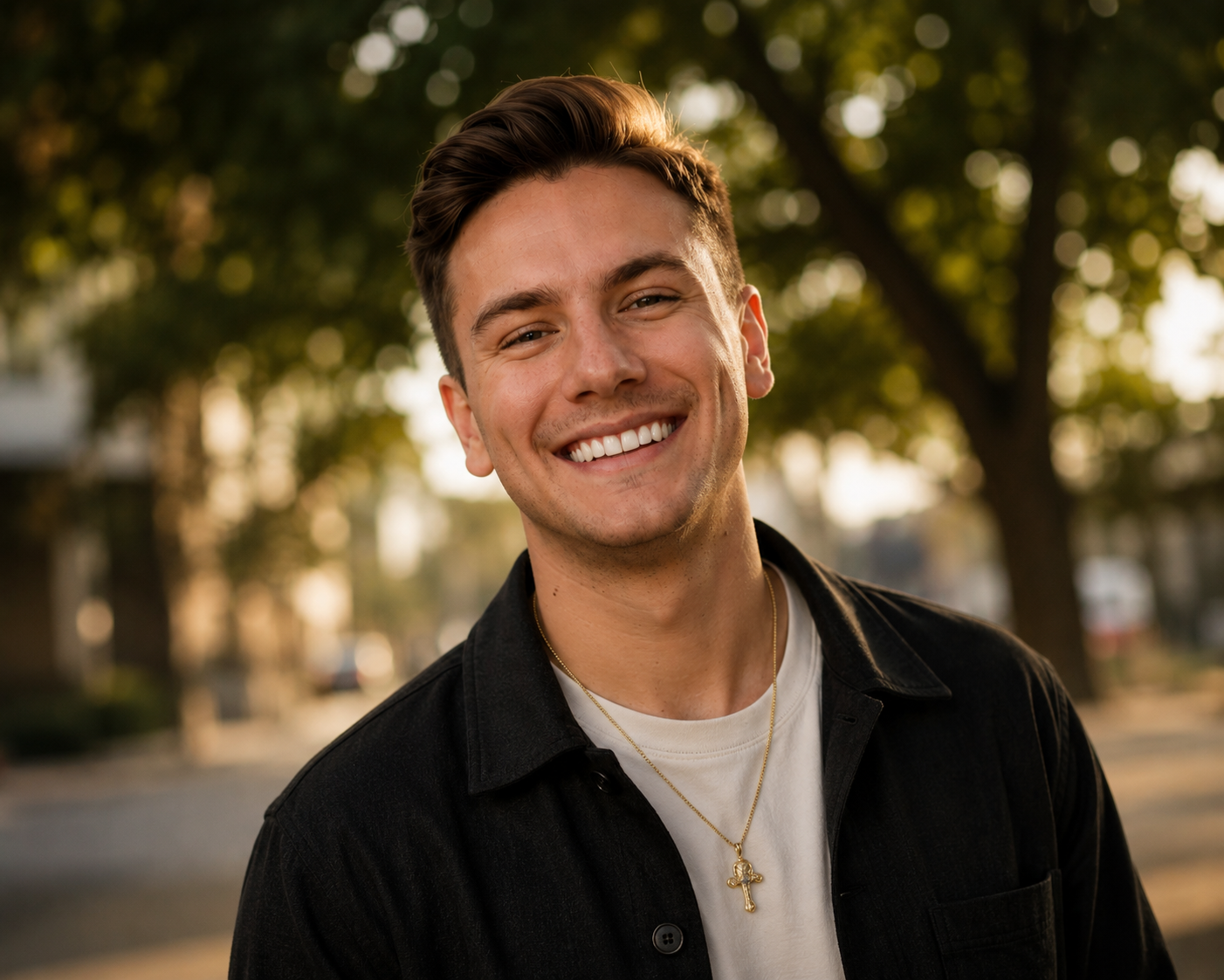 A young man smiling outdoors with trees and sunlight in the background.