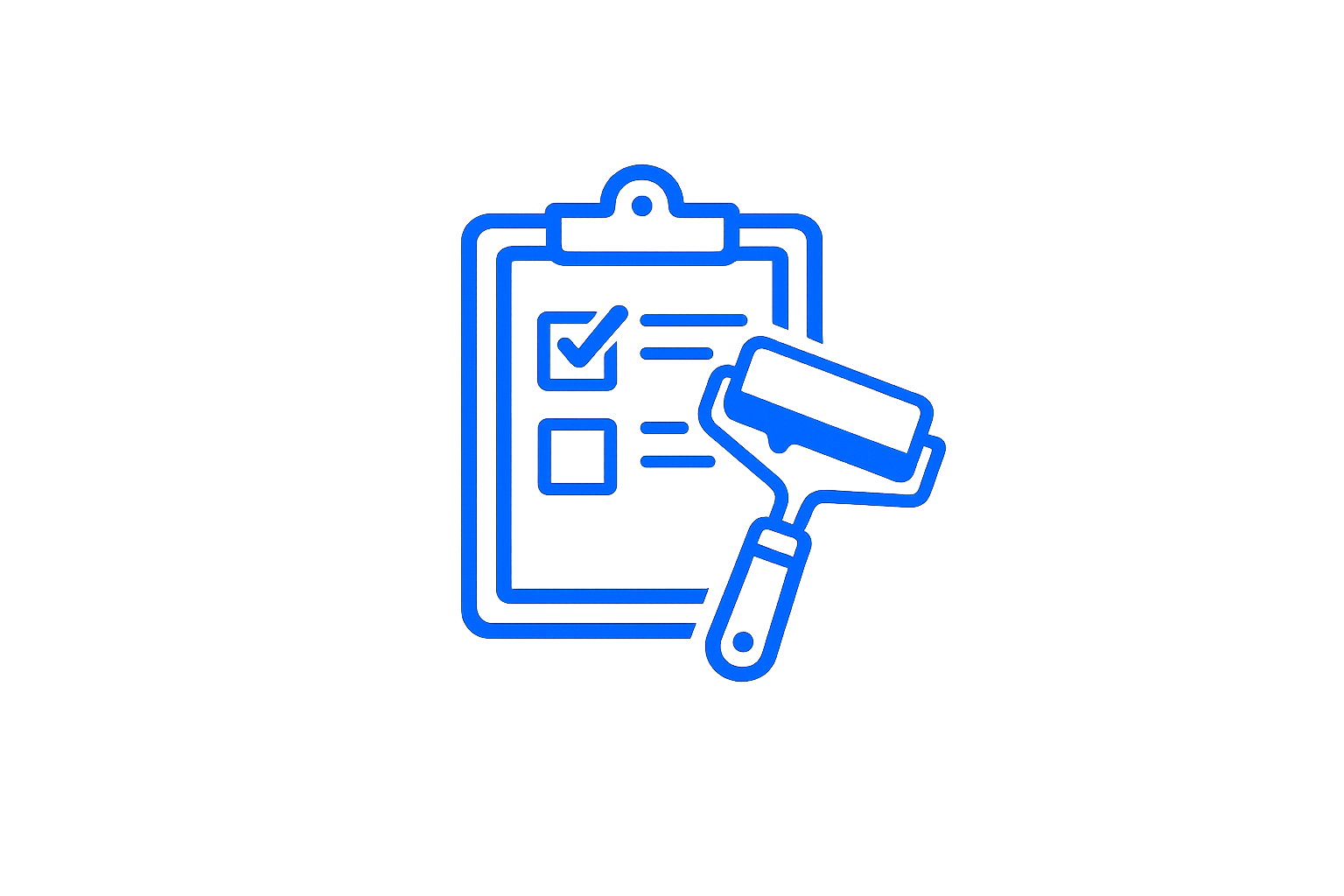 Neon-style blue outline of a clipboard with checkmarks and lines of text, and a hammer placed over it.