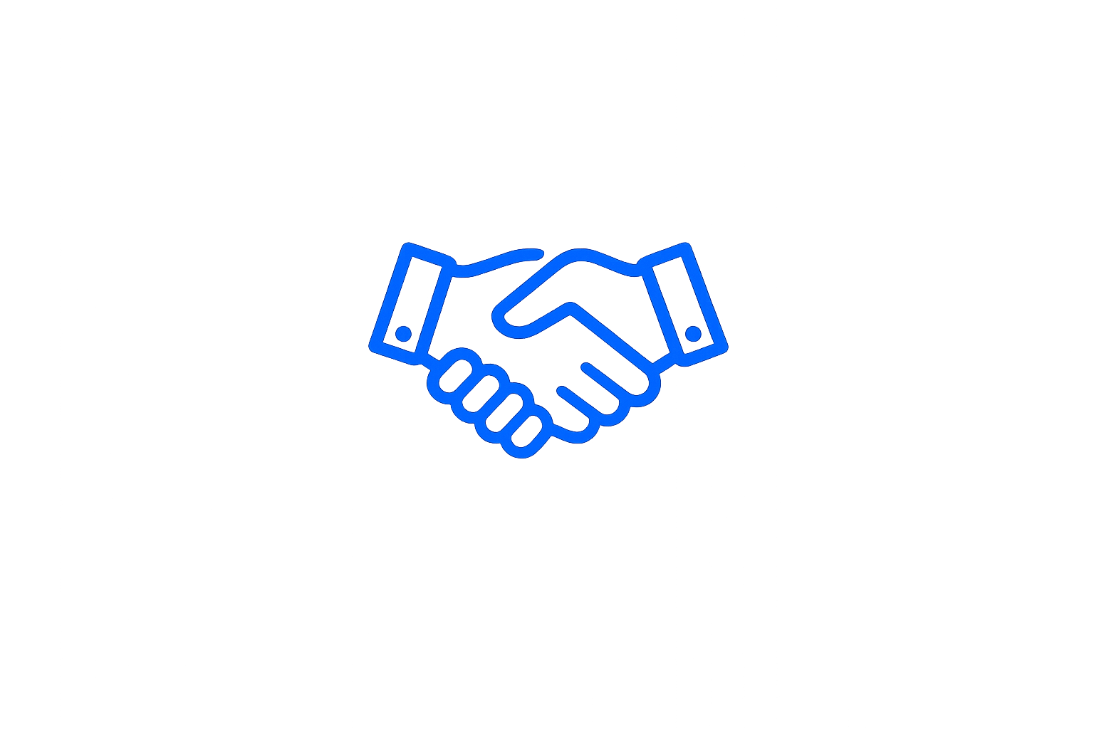 Outline illustration of a handshake in blue, centered on a black background.
