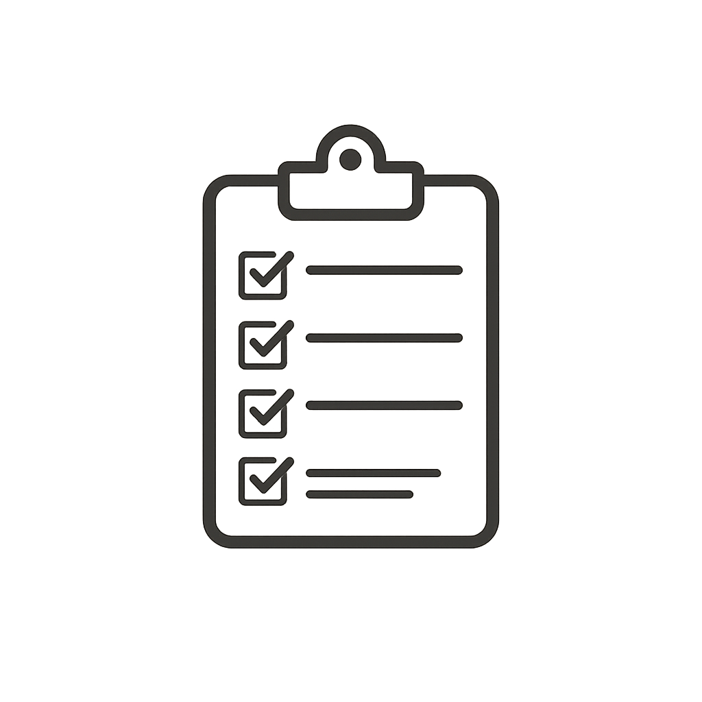 Outline of a checklist on a clipboard with checkmarks next to four lines.