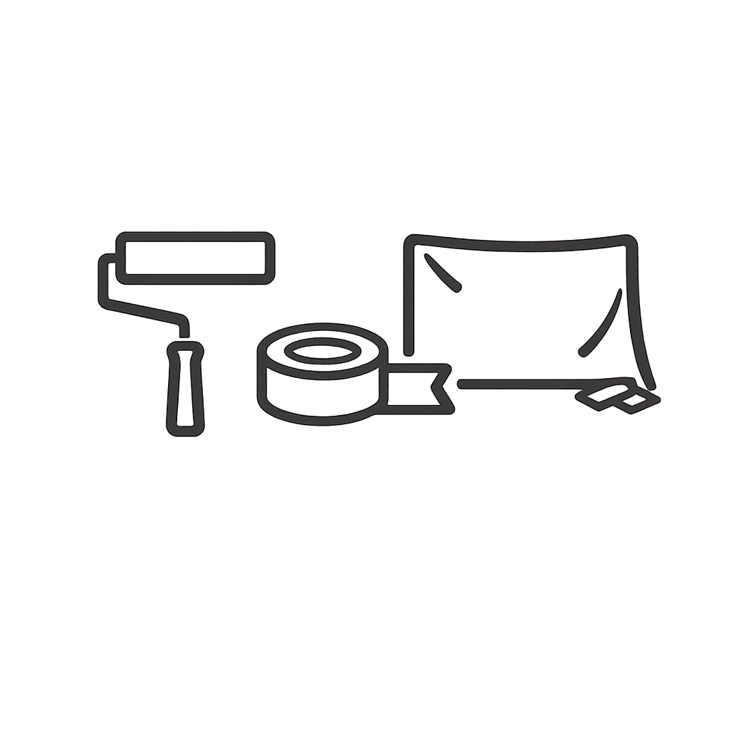 Outline drawing of painting supplies including a paint roller, tape, and a folded piece of fabric or paper.