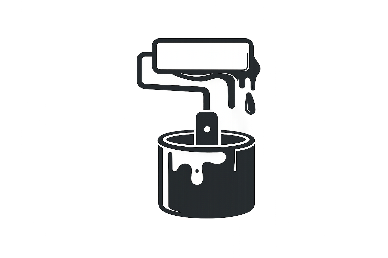 A stylized illustration of a paint can with spilling paint and a paintbrush inside.