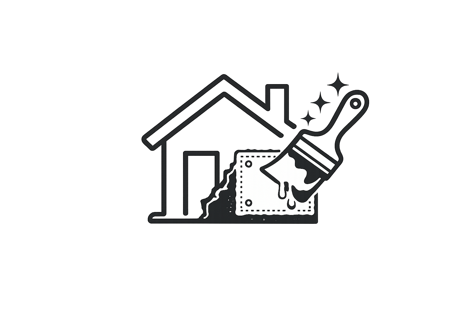Outline of a house, with a paintbrush applying paint to a surface, sparkles indicating cleanliness or newness, and a bar chart suggesting improvement or growth.