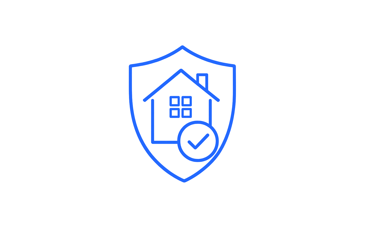A blue line outline of a house within a shield shape, with a checkmark inside a circle at the bottom of the house outline.