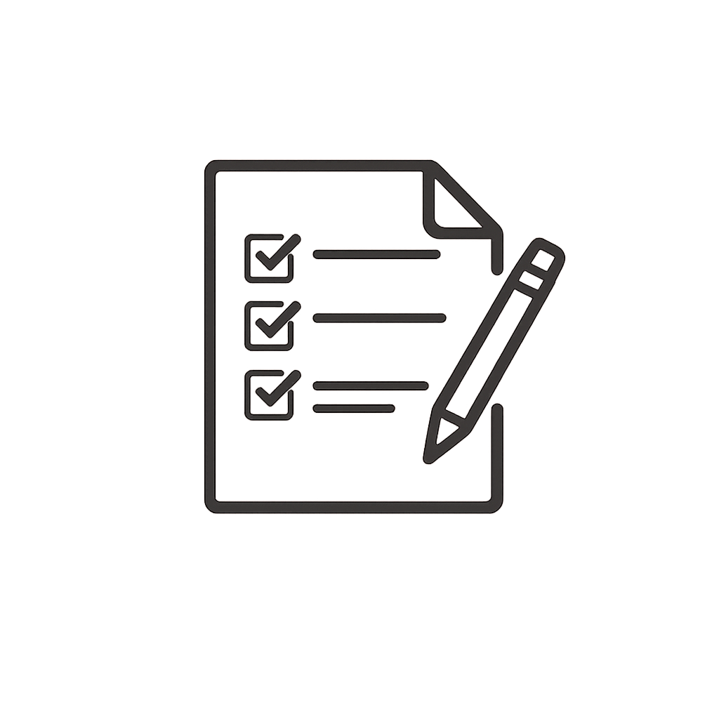 Checklist document with three checked boxes and a pen.