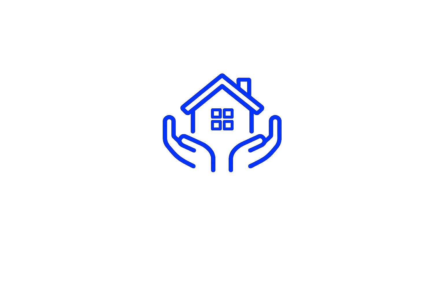 Blue outline icon of hands holding a house with four windows.