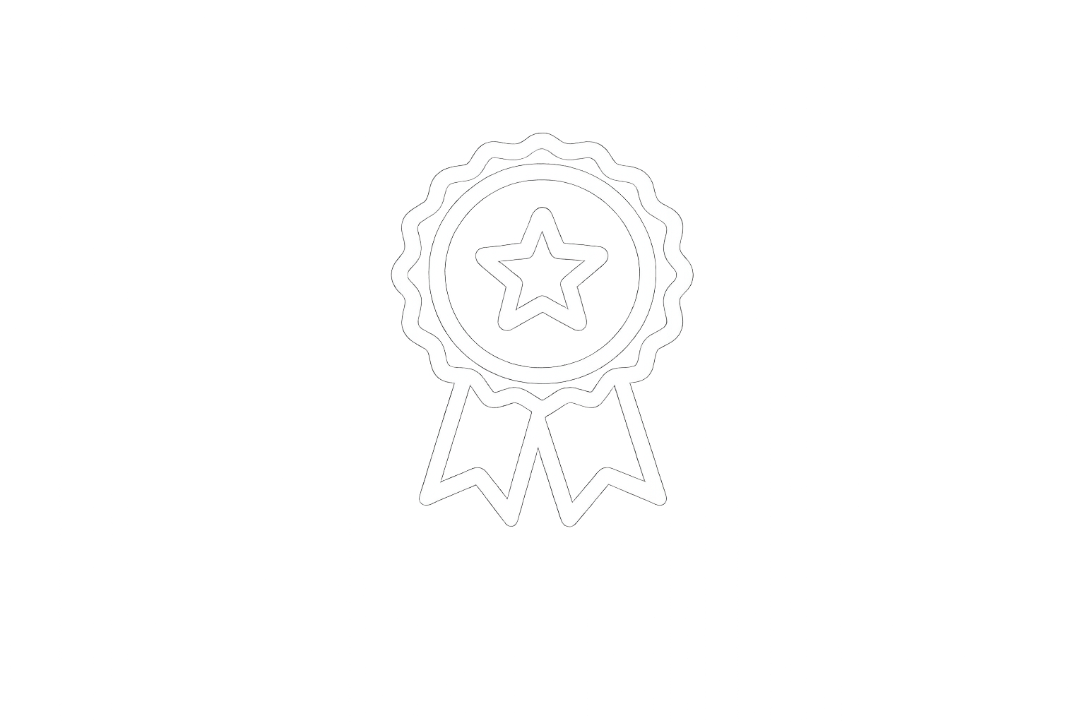 Line drawing of a badge with a star in the center, surrounded by a circular border with a wavy edge, and two ribbons hanging below.