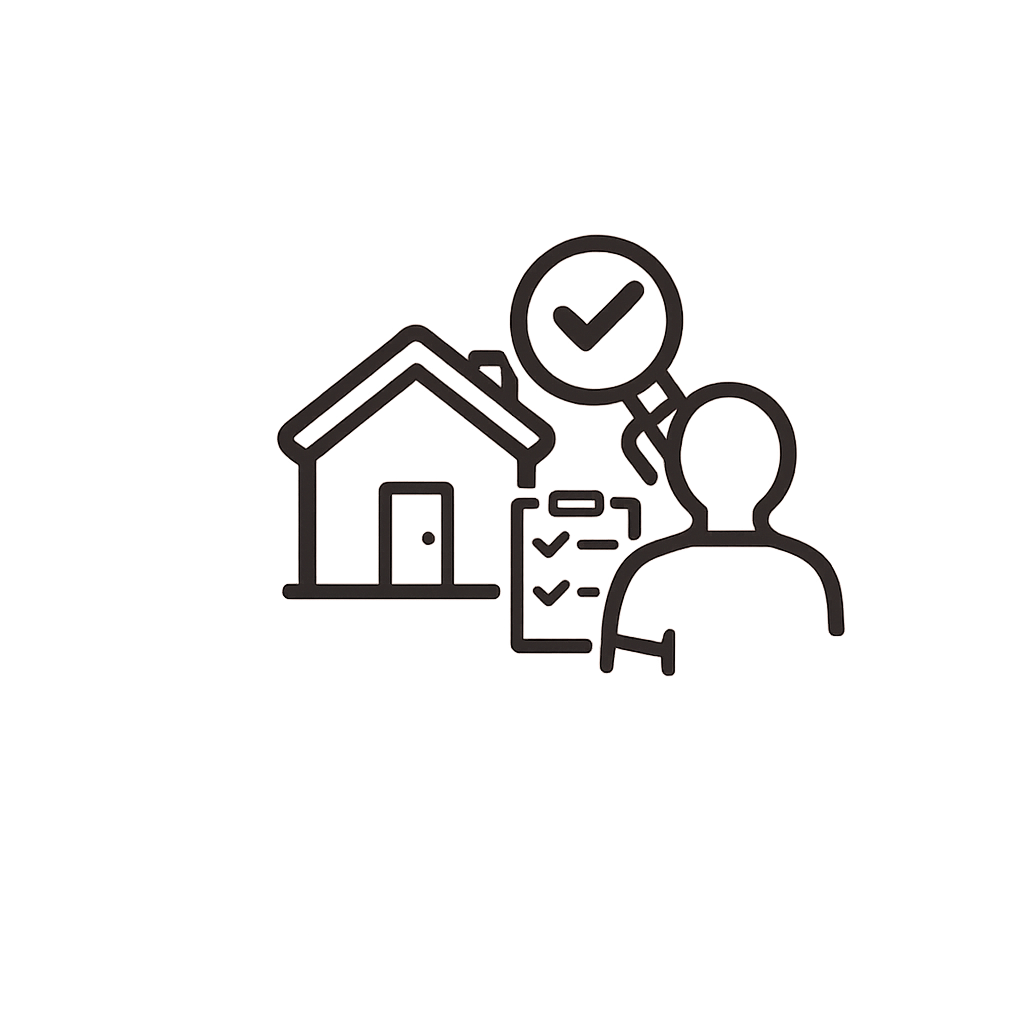 Line drawing of a house, a person, magnifying glass with check mark, and a clipboard with check marks, symbolizing real estate or home inspection.