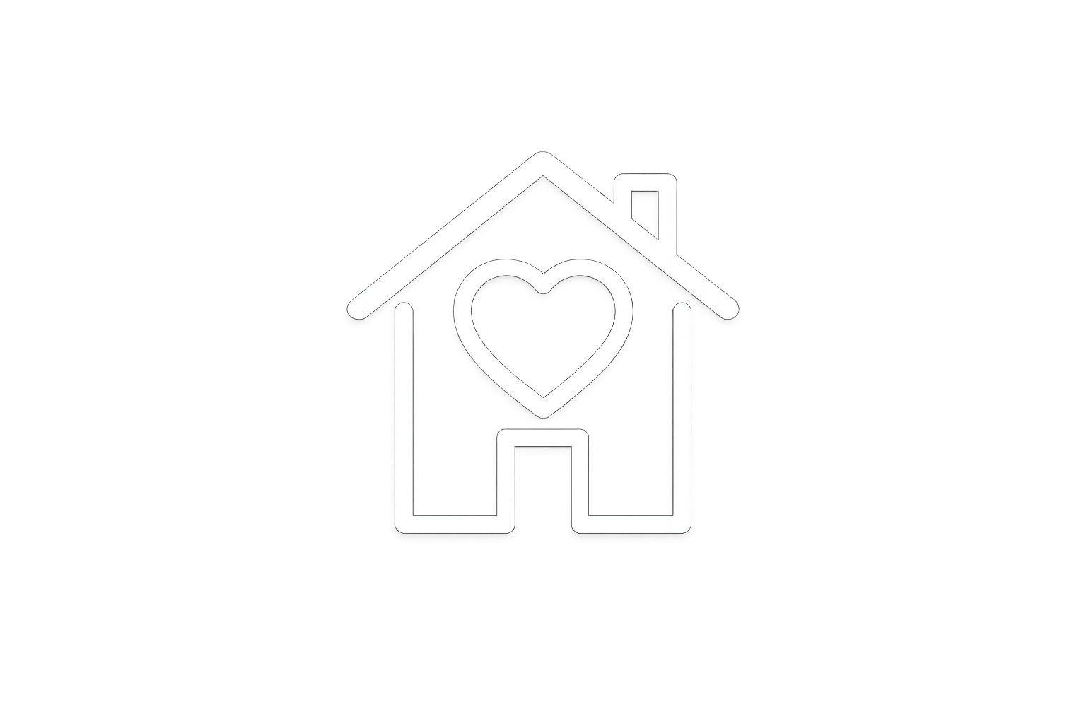 A white house icon with a heart-shaped window in the center, set against a colorful abstract background.