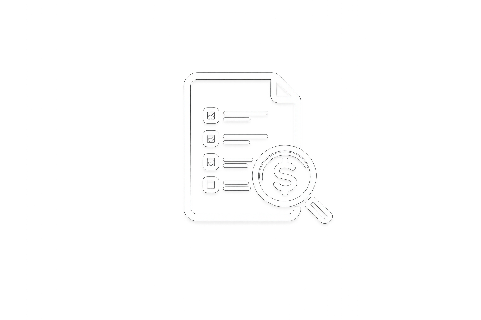 A digital illustration of a mobile device with a checklist and a magnifying glass over a dollar sign, representing financial analysis or online shopping costs.