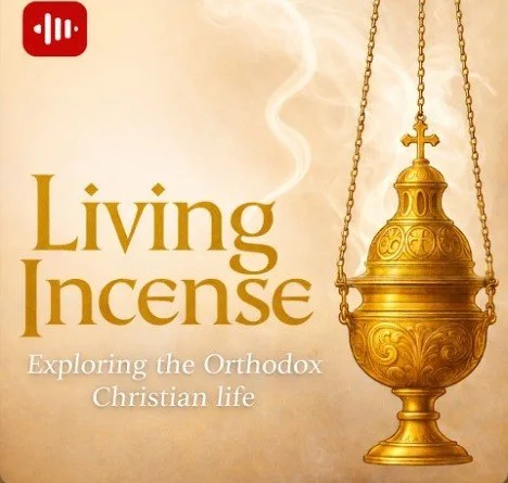 Golden incense burner with smoke rising, next to text that says 'Living Incense: Exploring the Orthodox Christian life.'