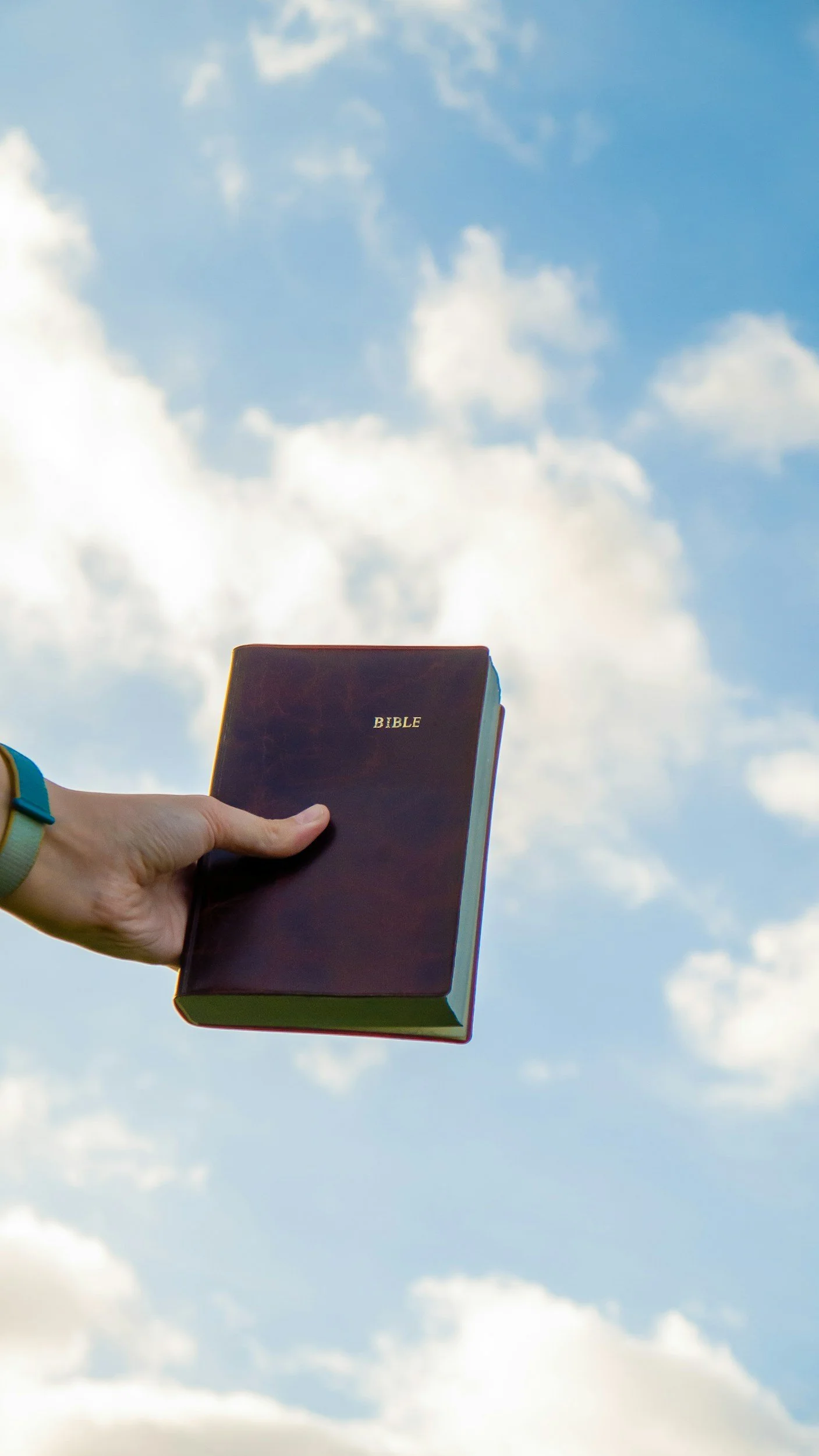 A person holding a Bible against a blue sky with clouds.