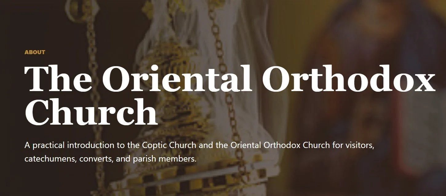 Website header about the Oriental Orthodox Church, featuring close-up of religious iconography, with large white text on a dark background.