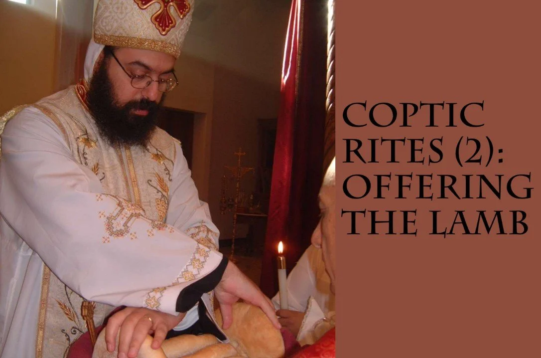 A priest wearing ornate gold and white religious vestments and a mitre officiates a Christian ritual involving an offering of bread to a woman.