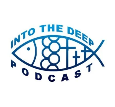 Logo of 'Into the Deep' podcast featuring a stylized fish with bubbles, cross, and a line symbol.