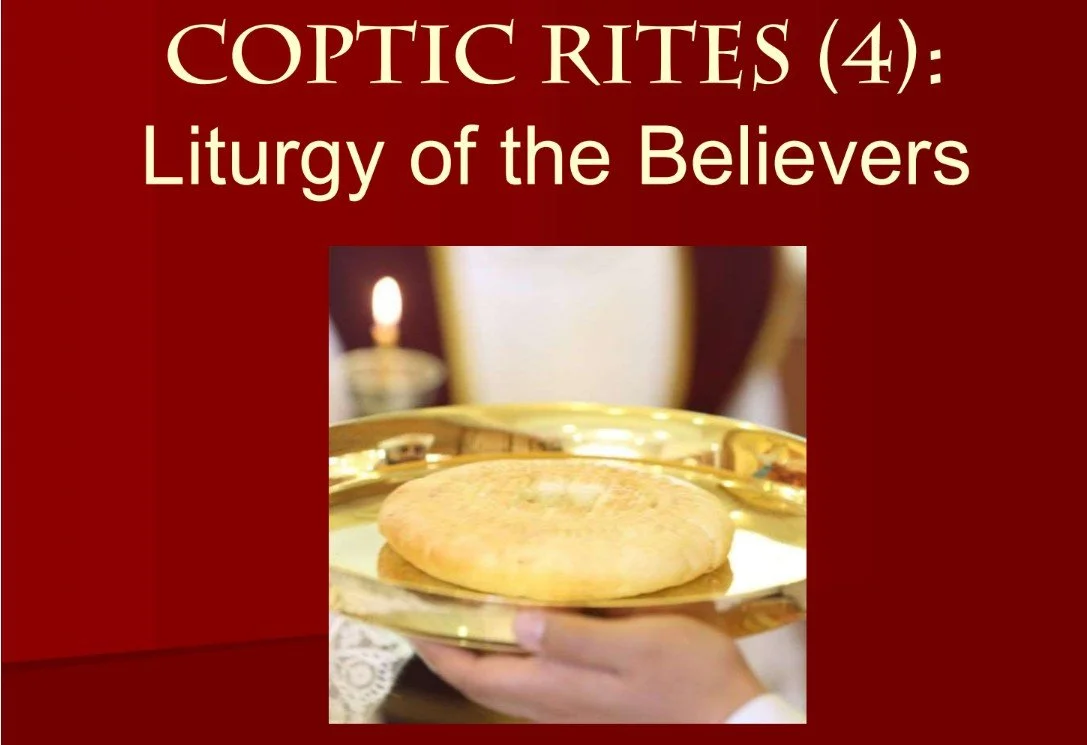 The image shows a religious text indicating the fourth Coptic rite, which is the Liturgy of the Believers. There is a person holding a golden plate with bread, likely used for communion, and a lit candle in the background.