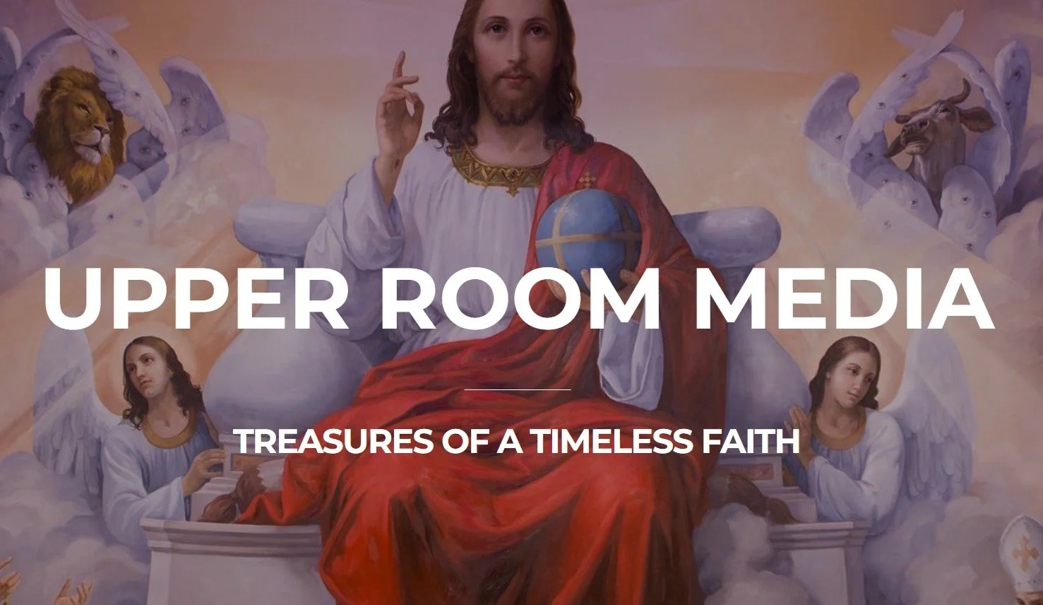 A religious painting featuring Jesus Christ seated on a throne, holding a globe with a cross, with angels around him, against a cloudy background.