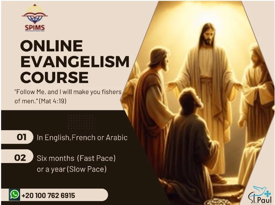 Promotional poster for an online evangelism course featuring an image of Jesus Christ with his disciples, including one kneeling, and details about the course in English, French, or Arabic, available in six months or one year, with a WhatsApp contact number.