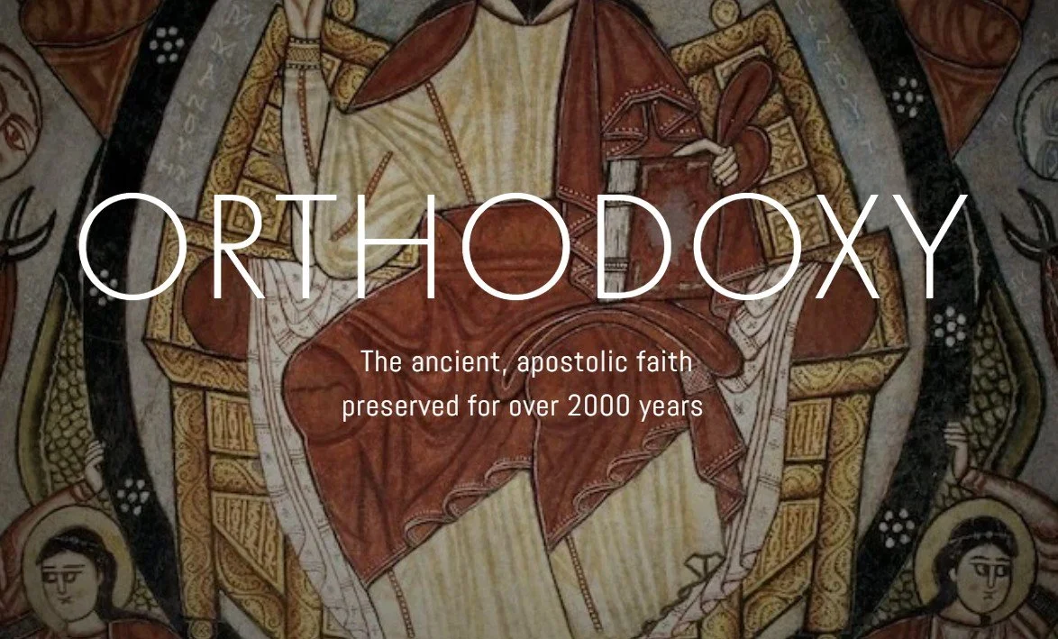 A religious icon depicting the central figure of Jesus Christ surrounded by other saints and biblical figures with the word 'ORTHODOXY' and the phrase 'The ancient, apostolic faith preserved for over 2000 years' written across it.