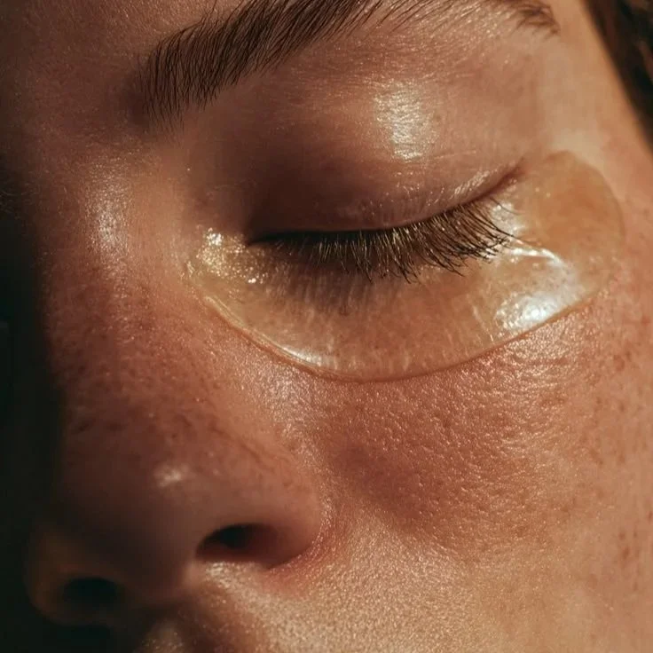 Close-up of a person's closed eye, nose, and surrounding skin showing detailed texture with some redness and natural features.